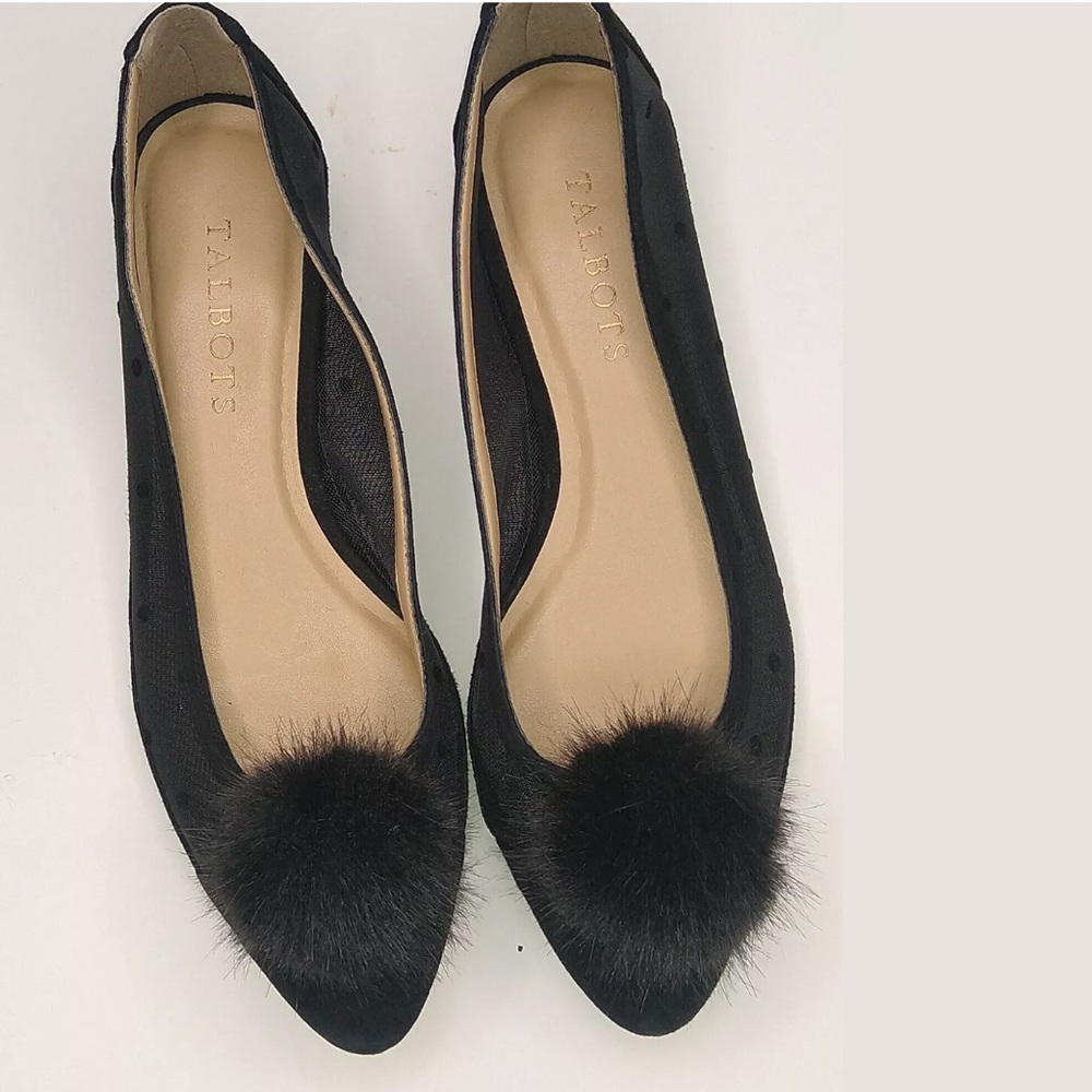 Talbots Black Edison Faux Fur Pom Mesh Flats  6.5M